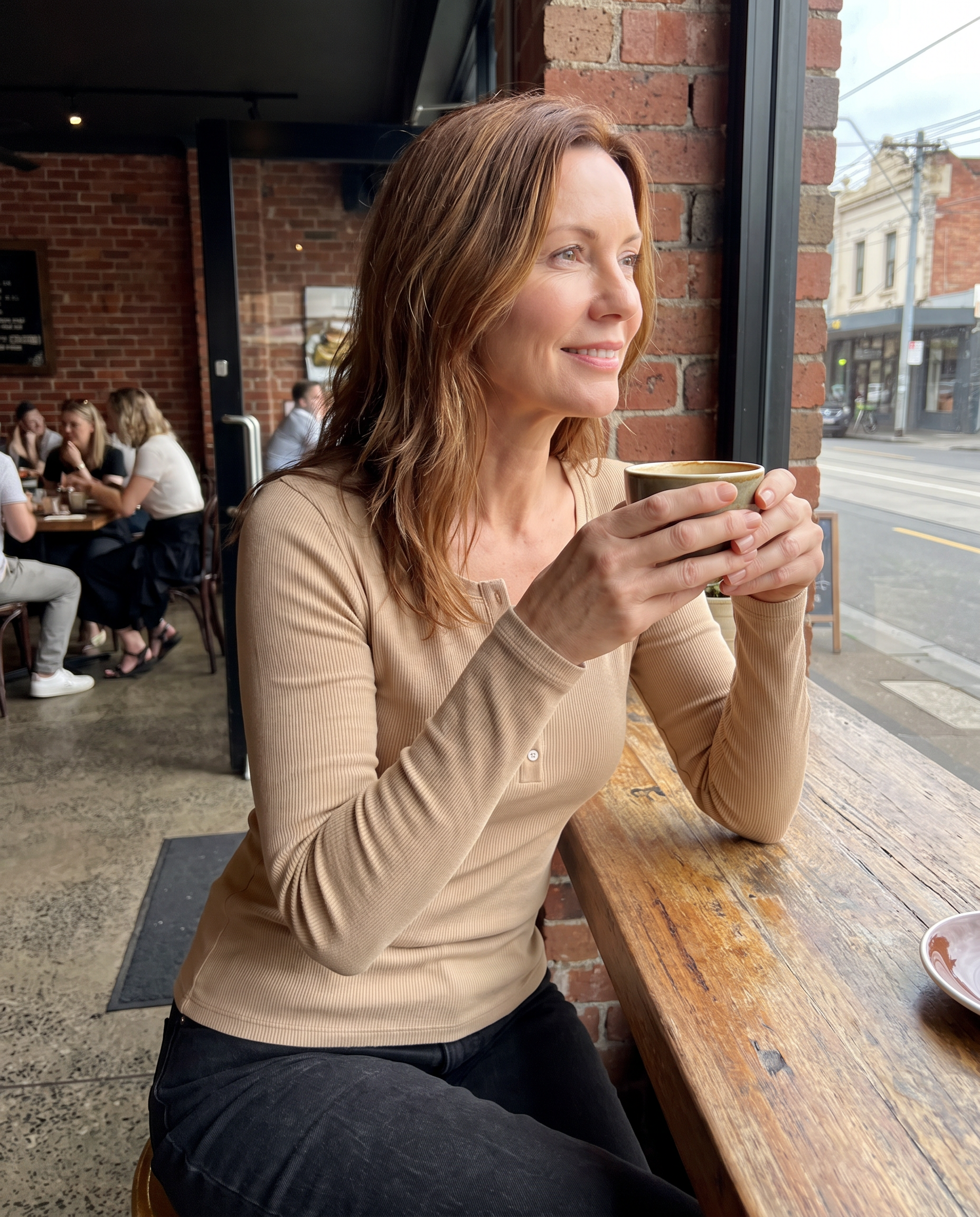 Ribbed Long Sleeve Henley Top with Buttons — Australian lifestyle