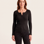 Ribbed Long Sleeve Henley Top with Buttons — Black