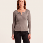 Ribbed Long Sleeve Henley Top with Buttons — Coffee