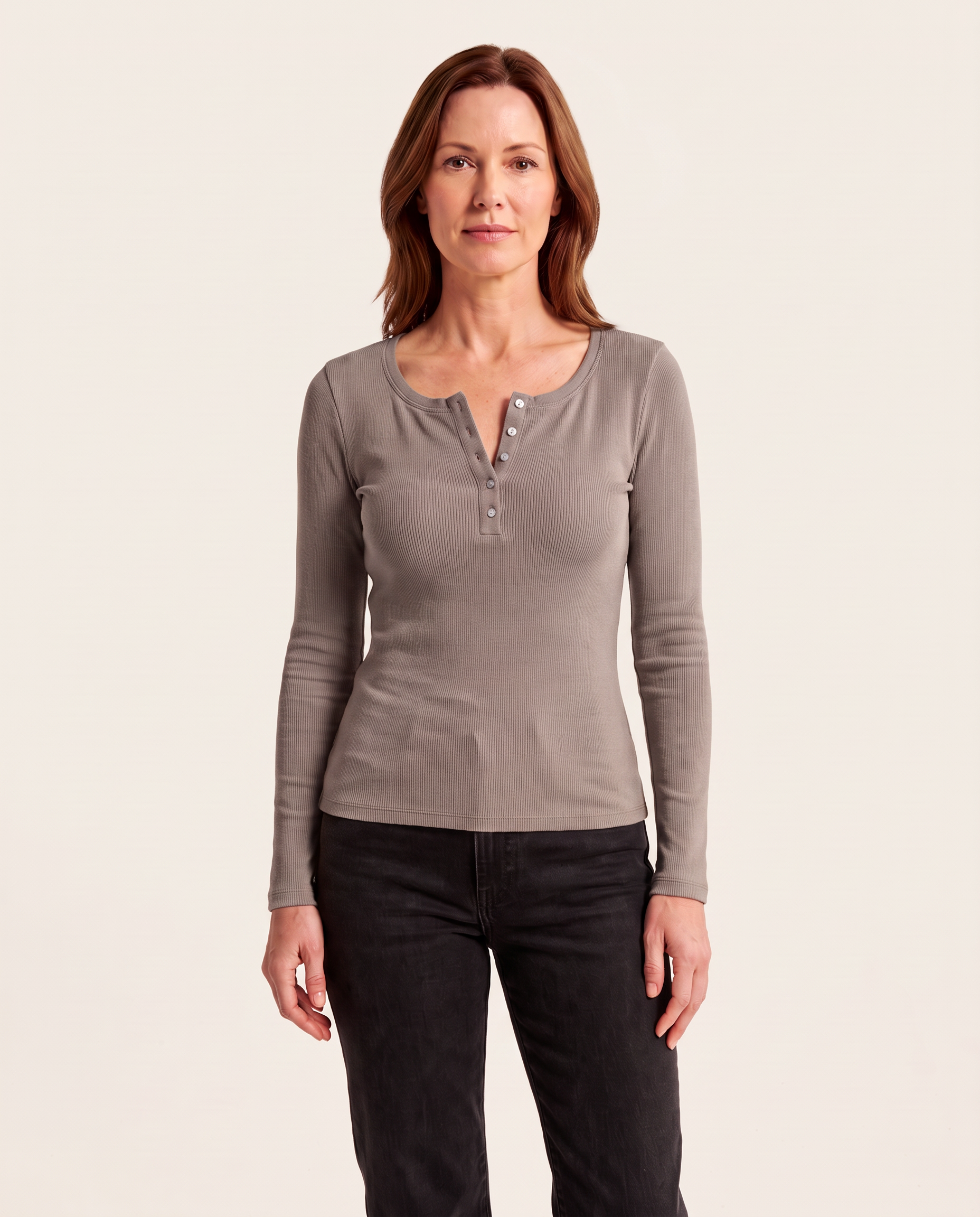 Ribbed Long Sleeve Henley Top with Buttons — Coffee