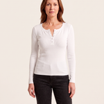 Ribbed Long Sleeve Henley Top with Buttons — White