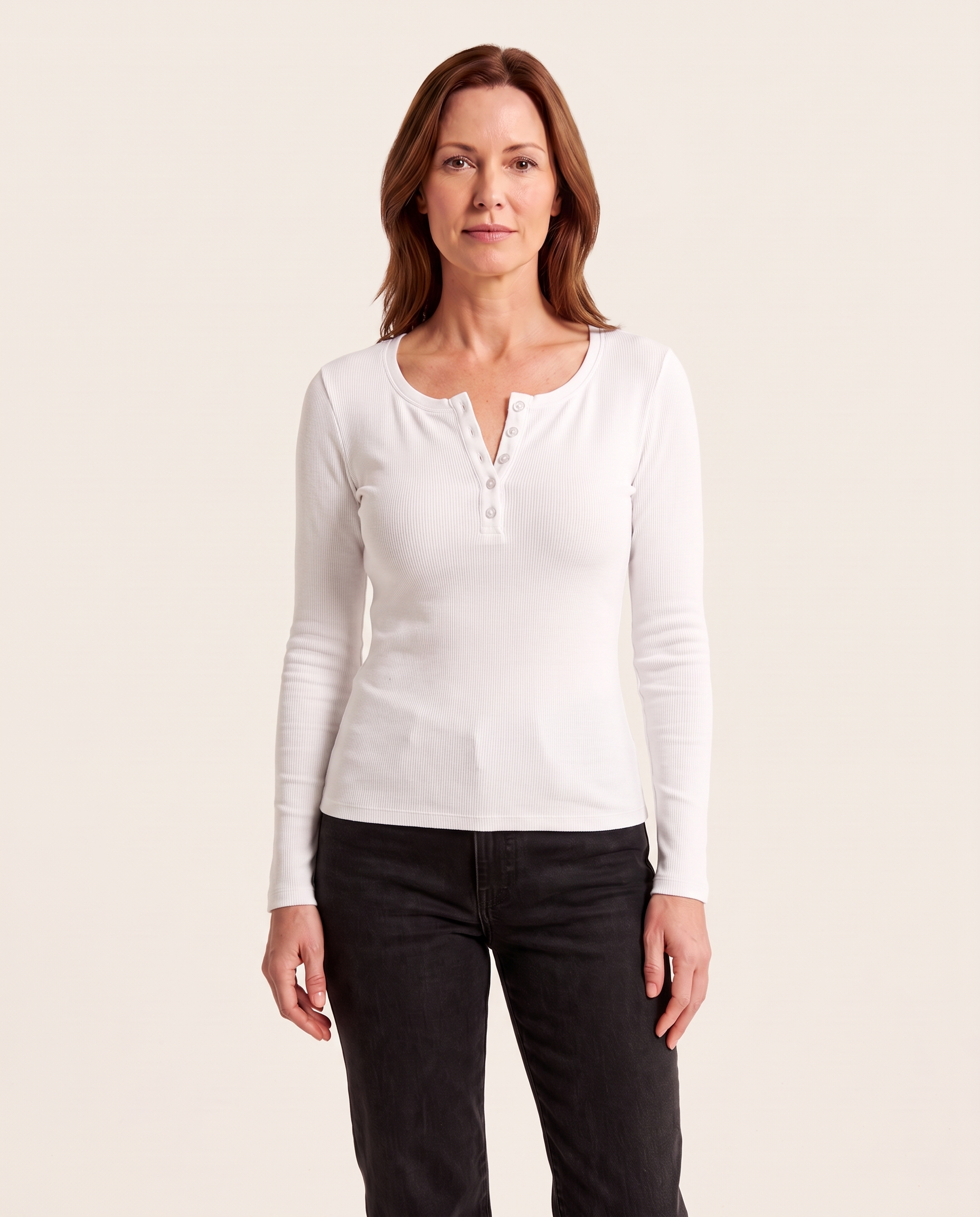 Ribbed Long Sleeve Henley Top with Buttons — White