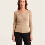 Ribbed Long Sleeve Henley Top with Buttons — Apricot