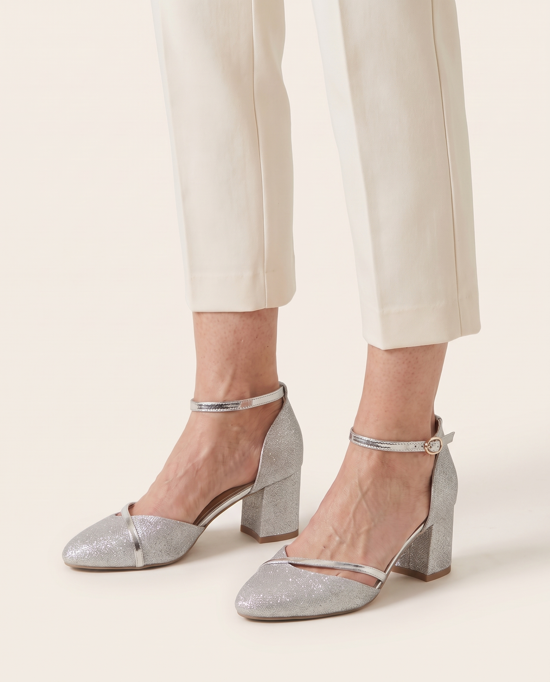 Glitter Block Heels with Ankle Strap — product detail