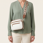 Crossbody Shoulder Bag with Patterned Strap — White