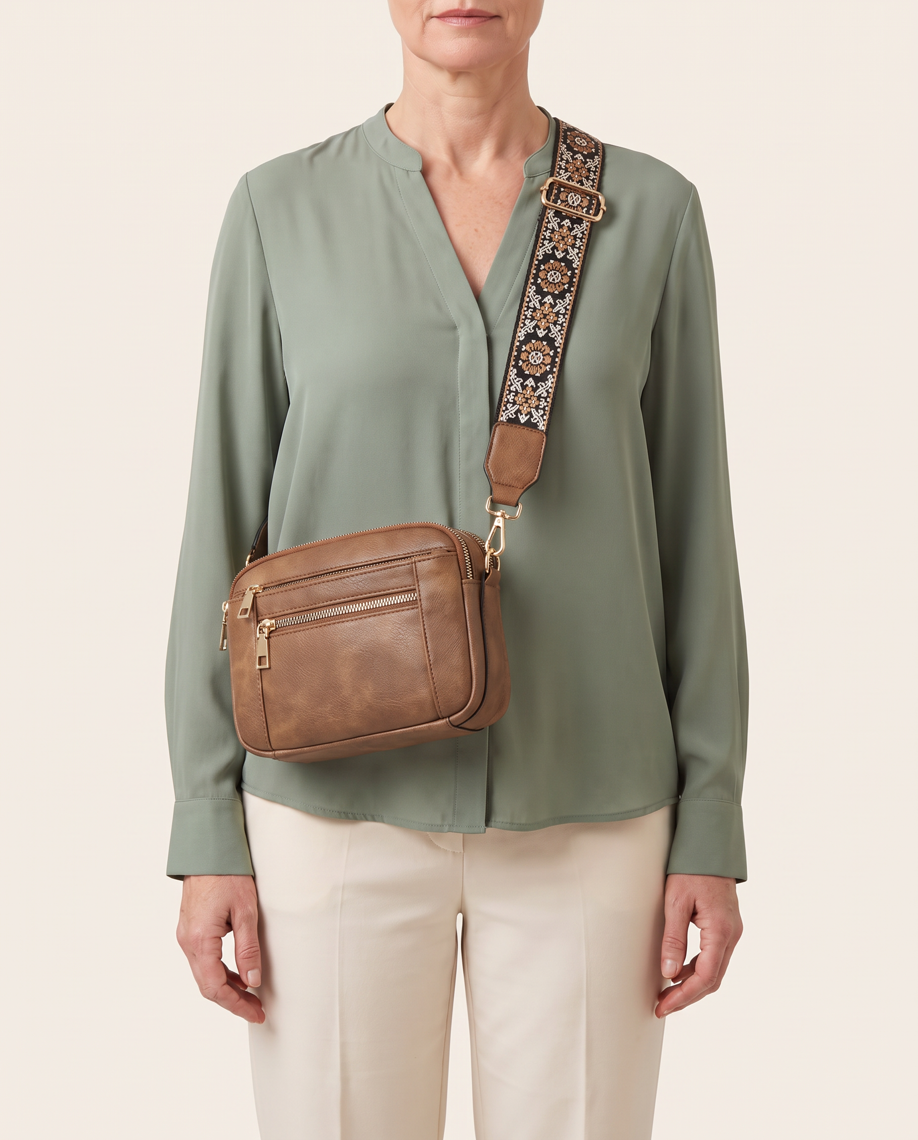 Crossbody Shoulder Bag with Patterned Strap — Brown