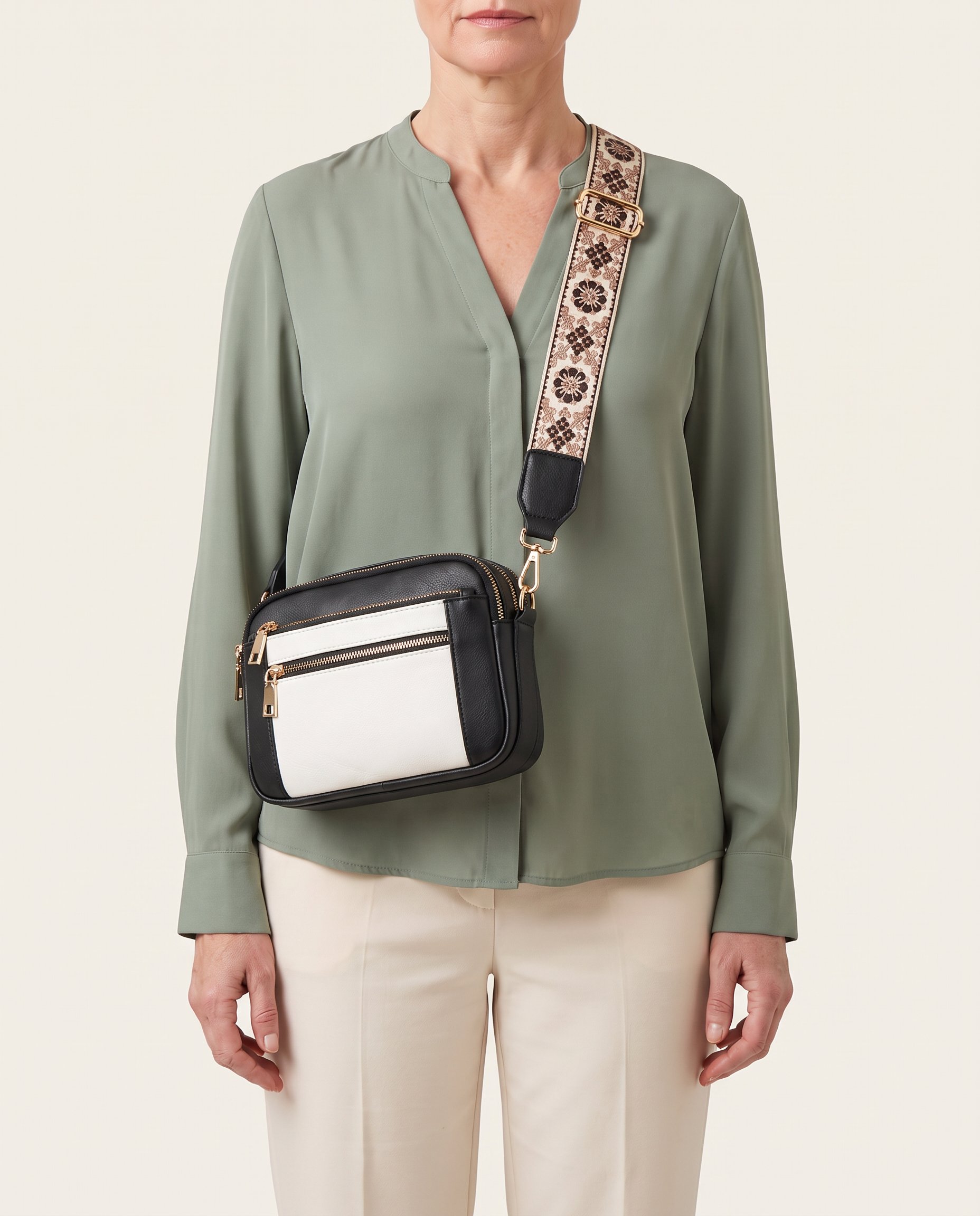 Crossbody Shoulder Bag with Patterned Strap — Black
