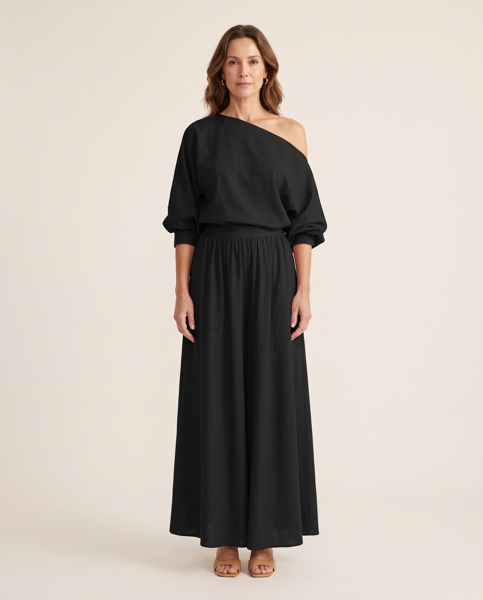 One Shoulder Top and Maxi Skirt Two Piece Set - Black