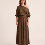 One Shoulder Top and Maxi Skirt Two Piece Set - Dark Brown