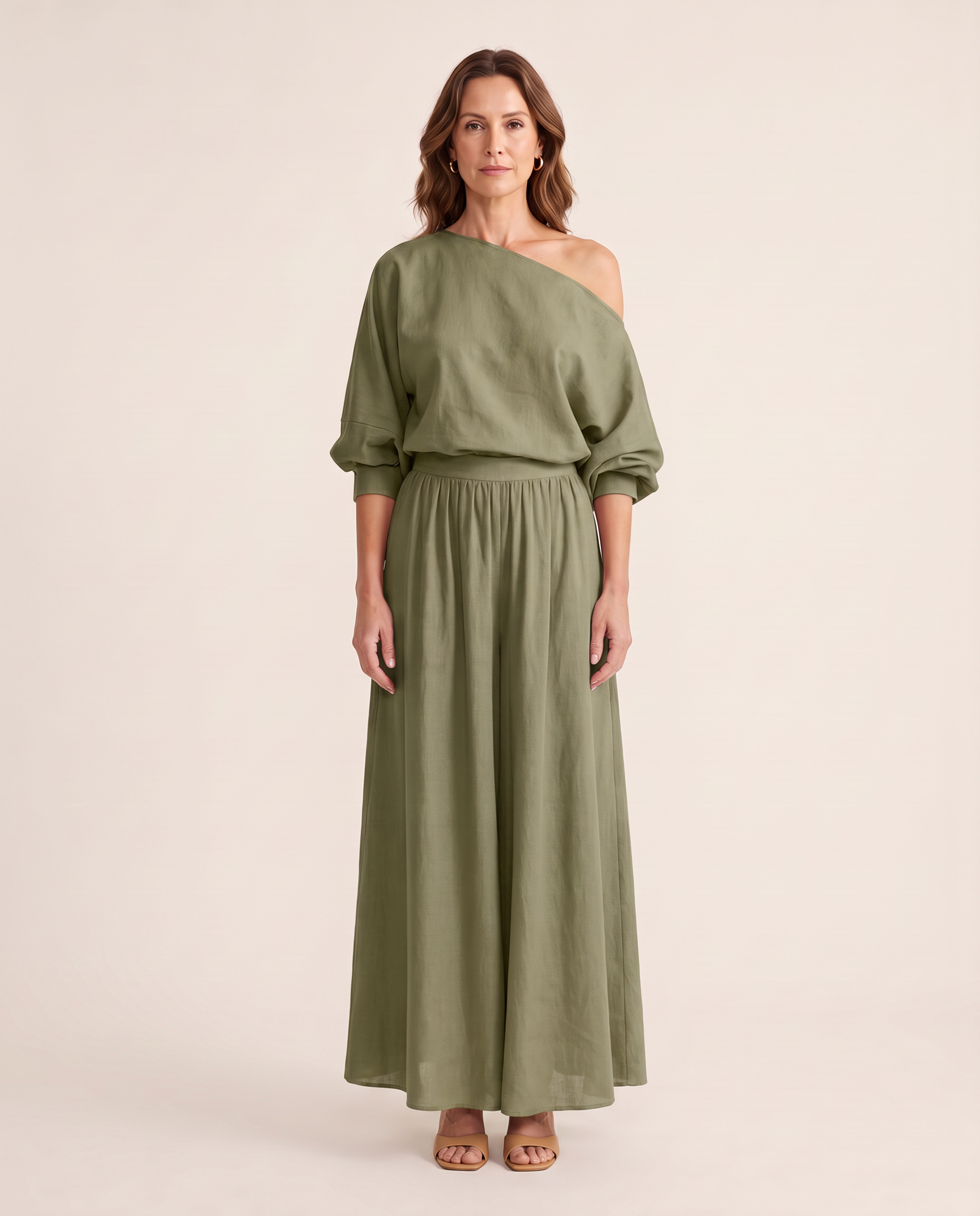 One Shoulder Top and Maxi Skirt Two Piece Set - Olive