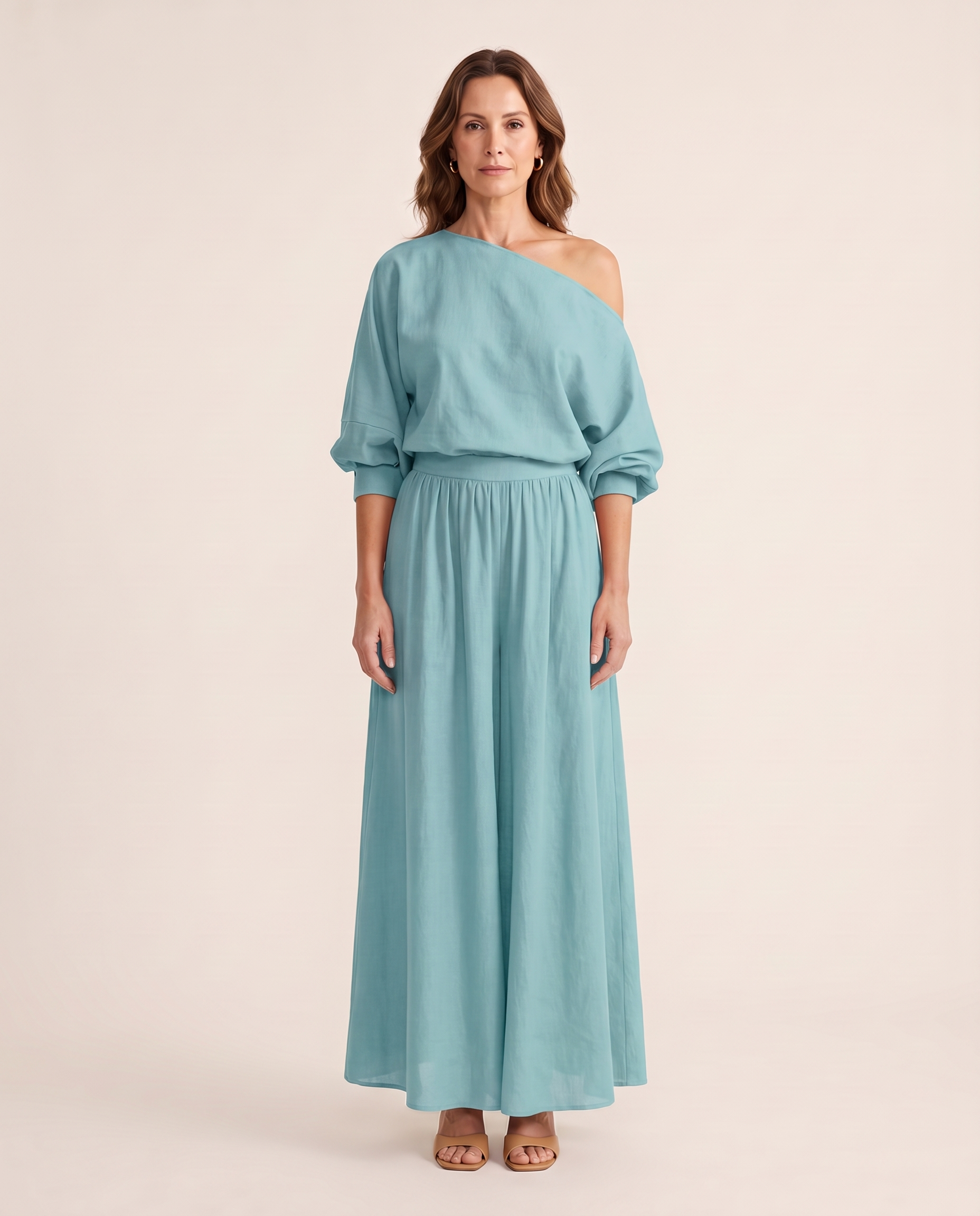 One Shoulder Top and Maxi Skirt Two Piece Set - Sky Blue