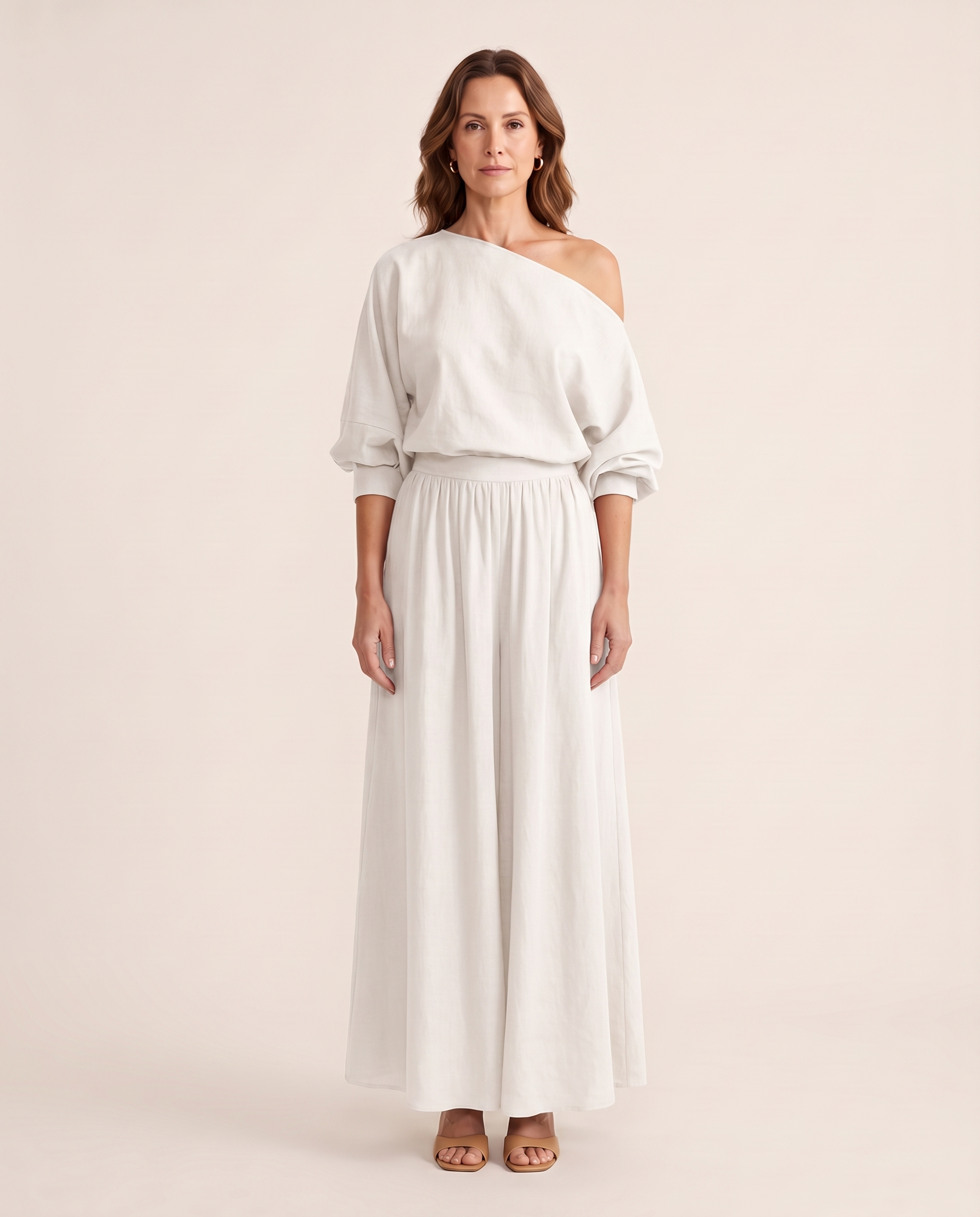 One Shoulder Top and Maxi Skirt Two Piece Set - White