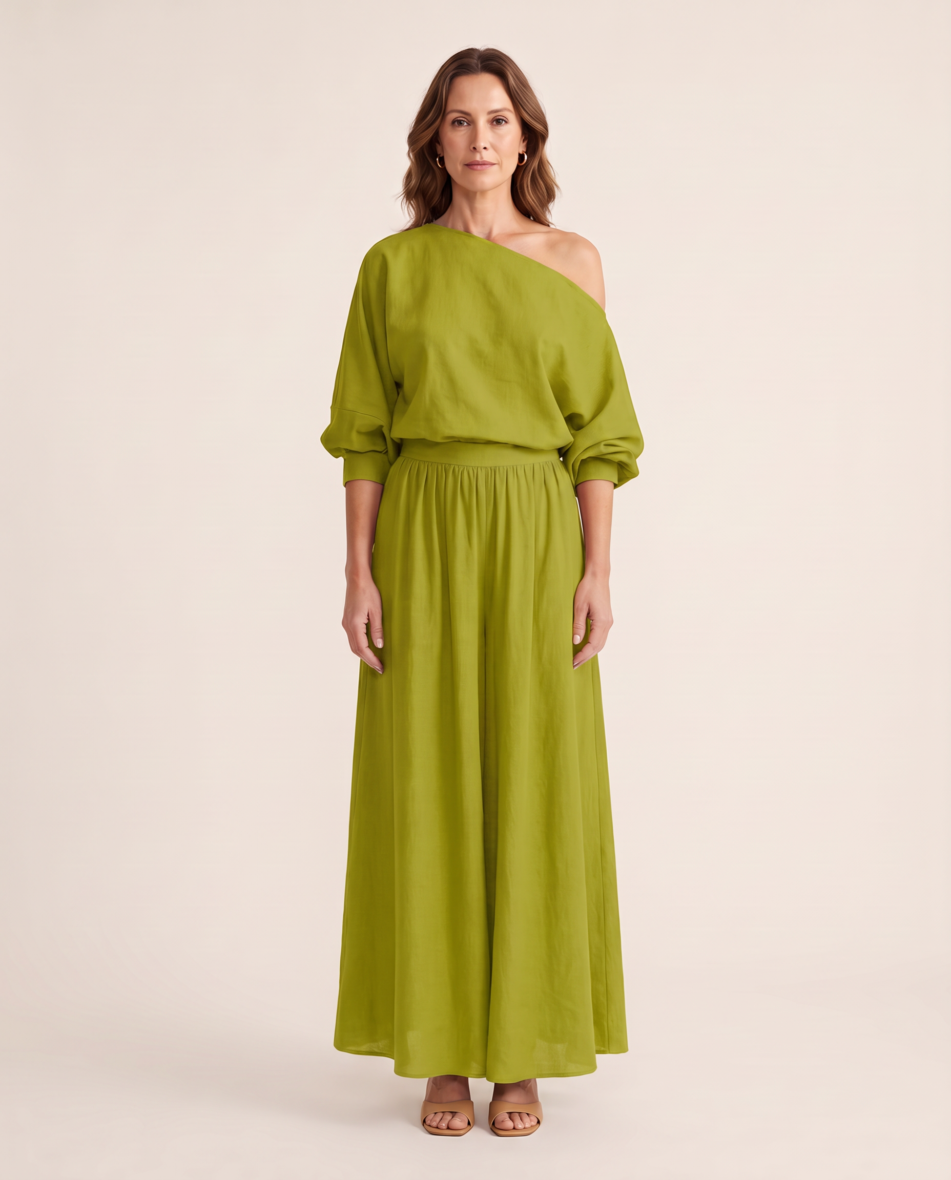 One Shoulder Top and Maxi Skirt Two Piece Set - Yellow Green