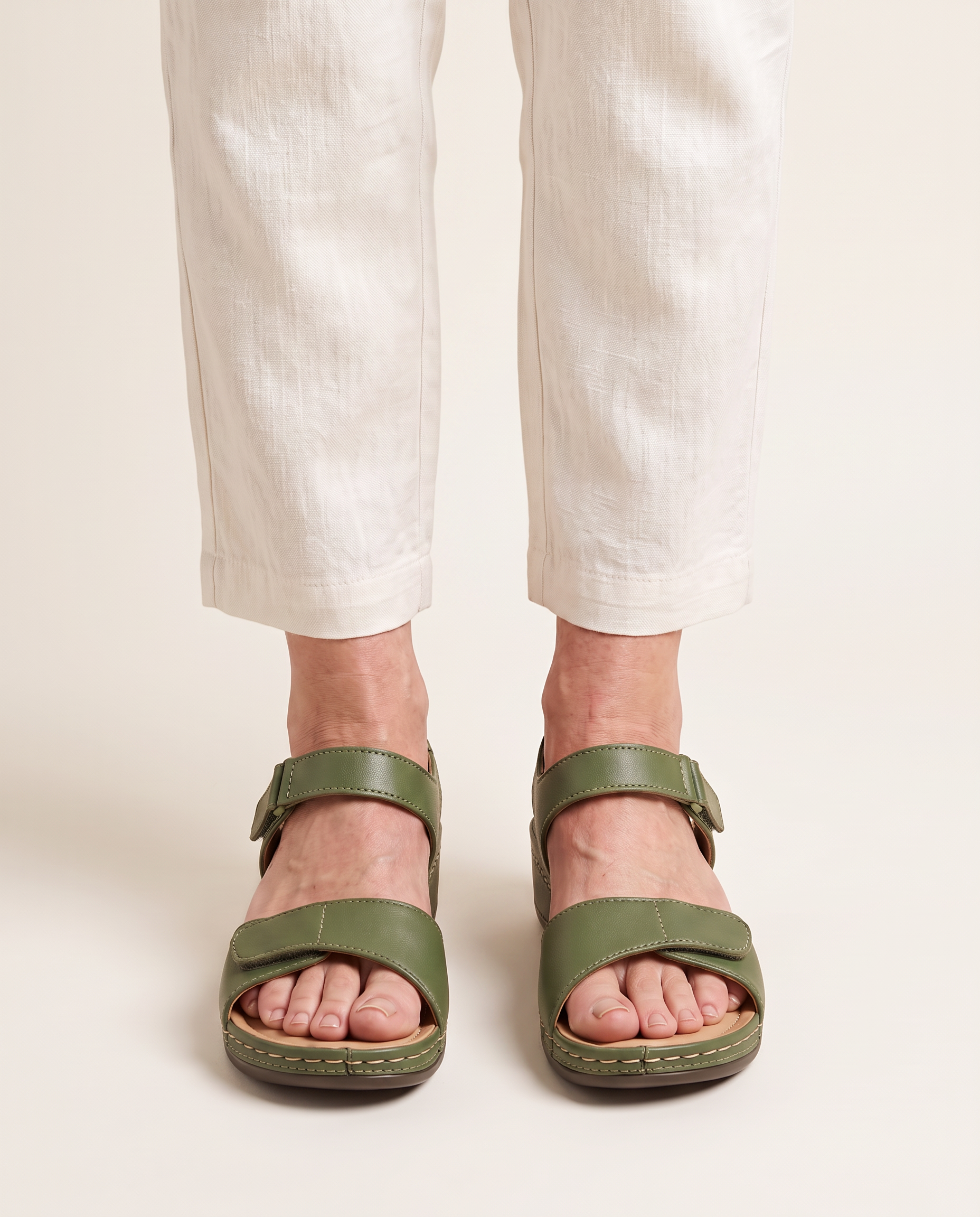 Leather Orthopedic Comfort Sandals — Olive Green