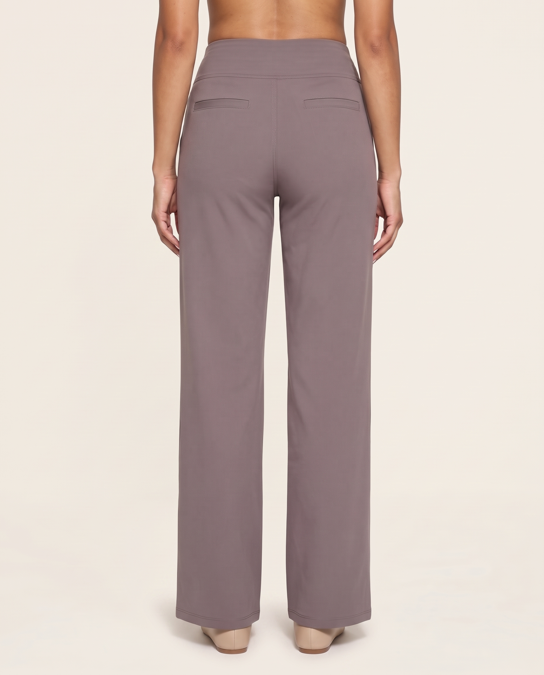 High Waist Straight Leg Yoga Pants in Taupe, studio back view