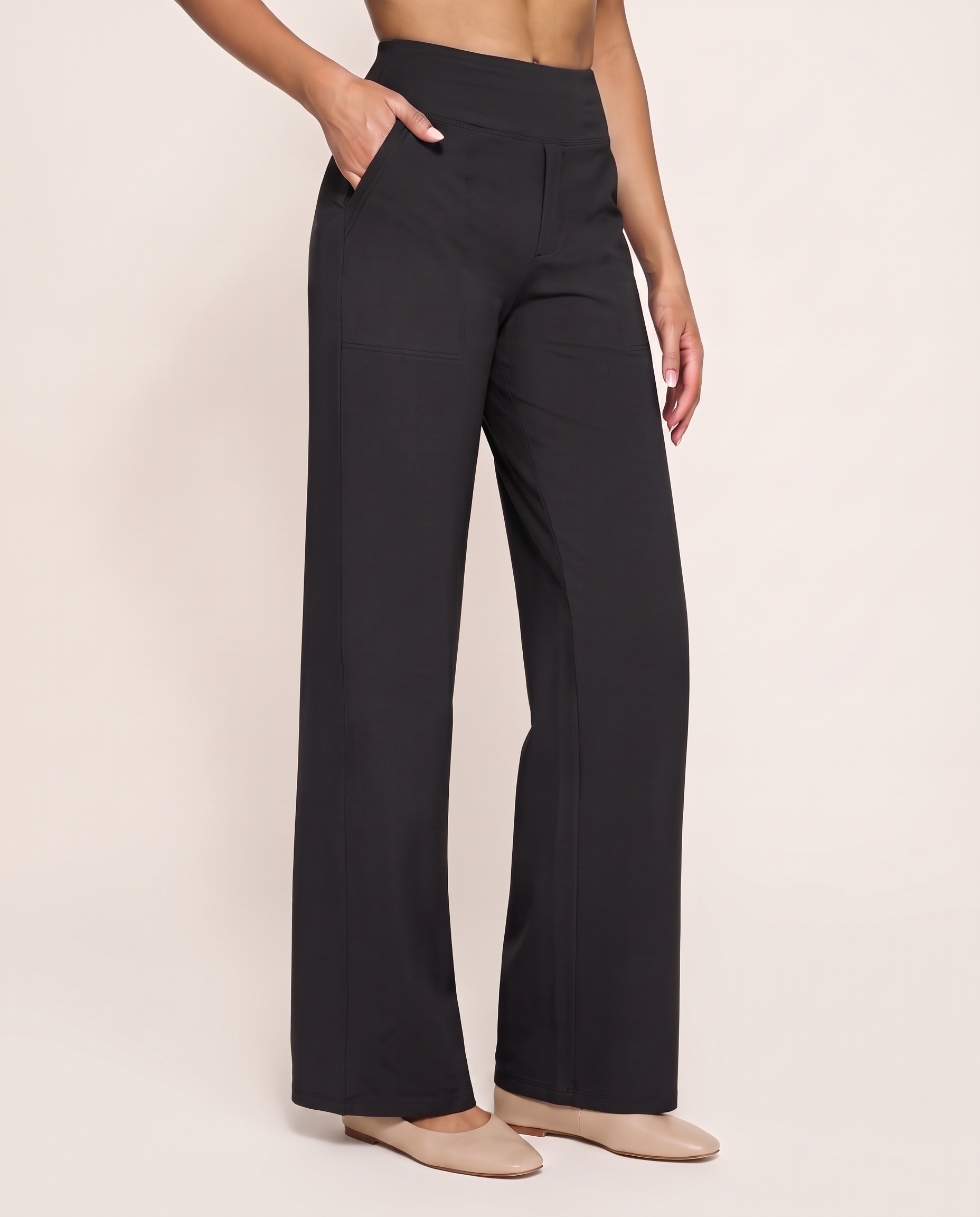 High Waist Straight Leg Yoga Pants in Black, studio colour view