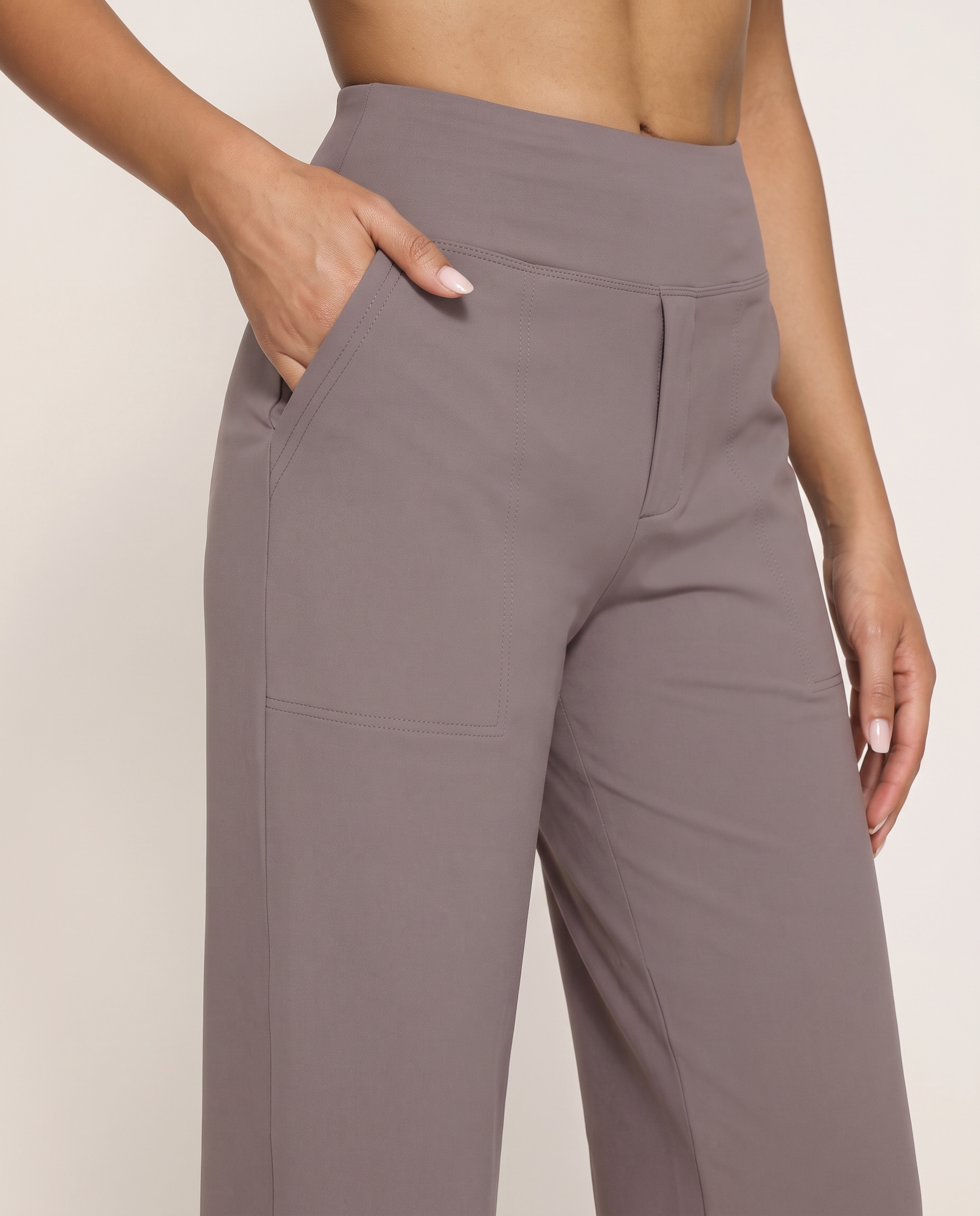 High Waist Straight Leg Yoga Pants in Taupe, detail view