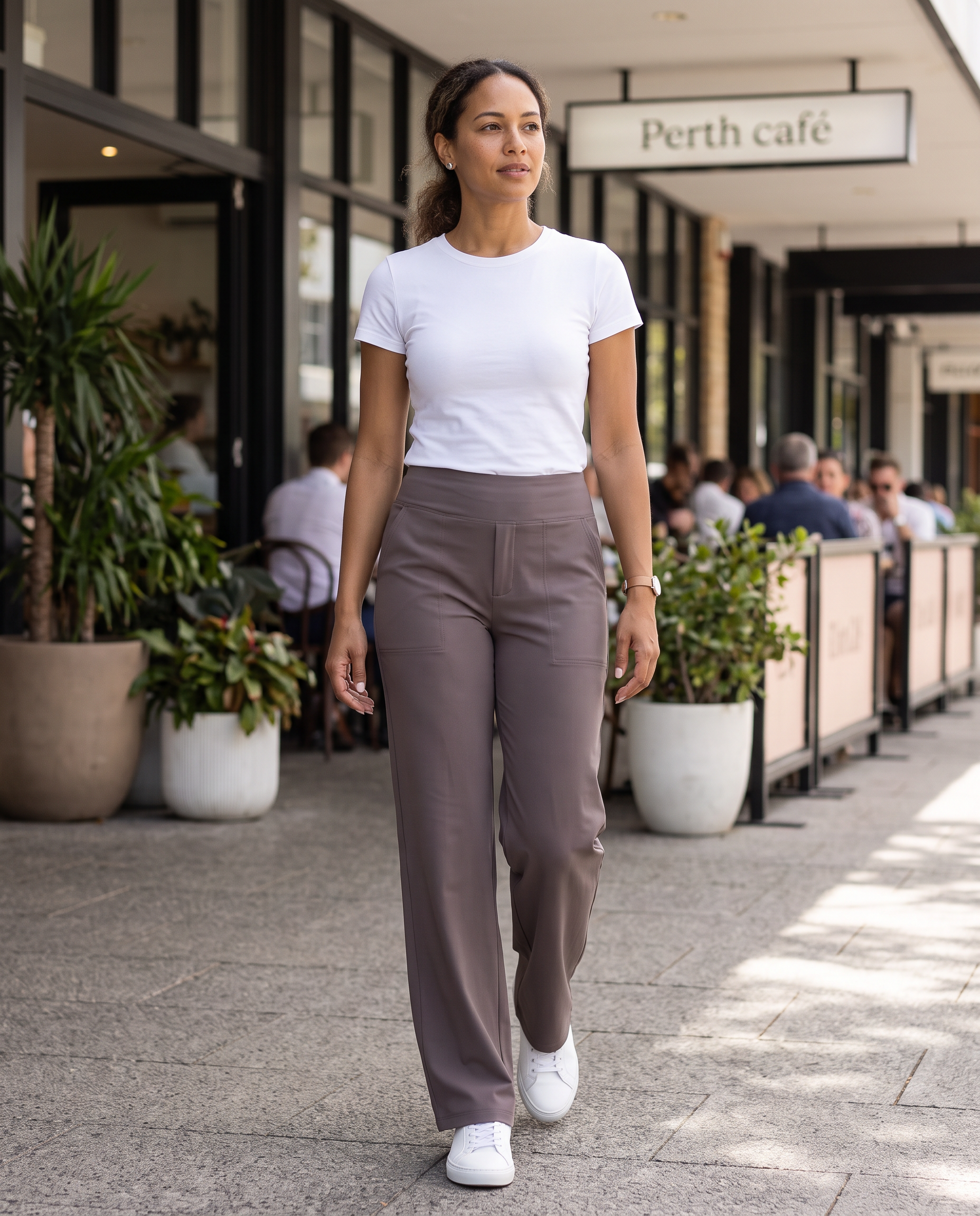 High Waist Straight Leg Yoga Pants in Taupe, lifestyle view