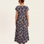 Printed Short Sleeve Midi Dress in Blue, studio back view