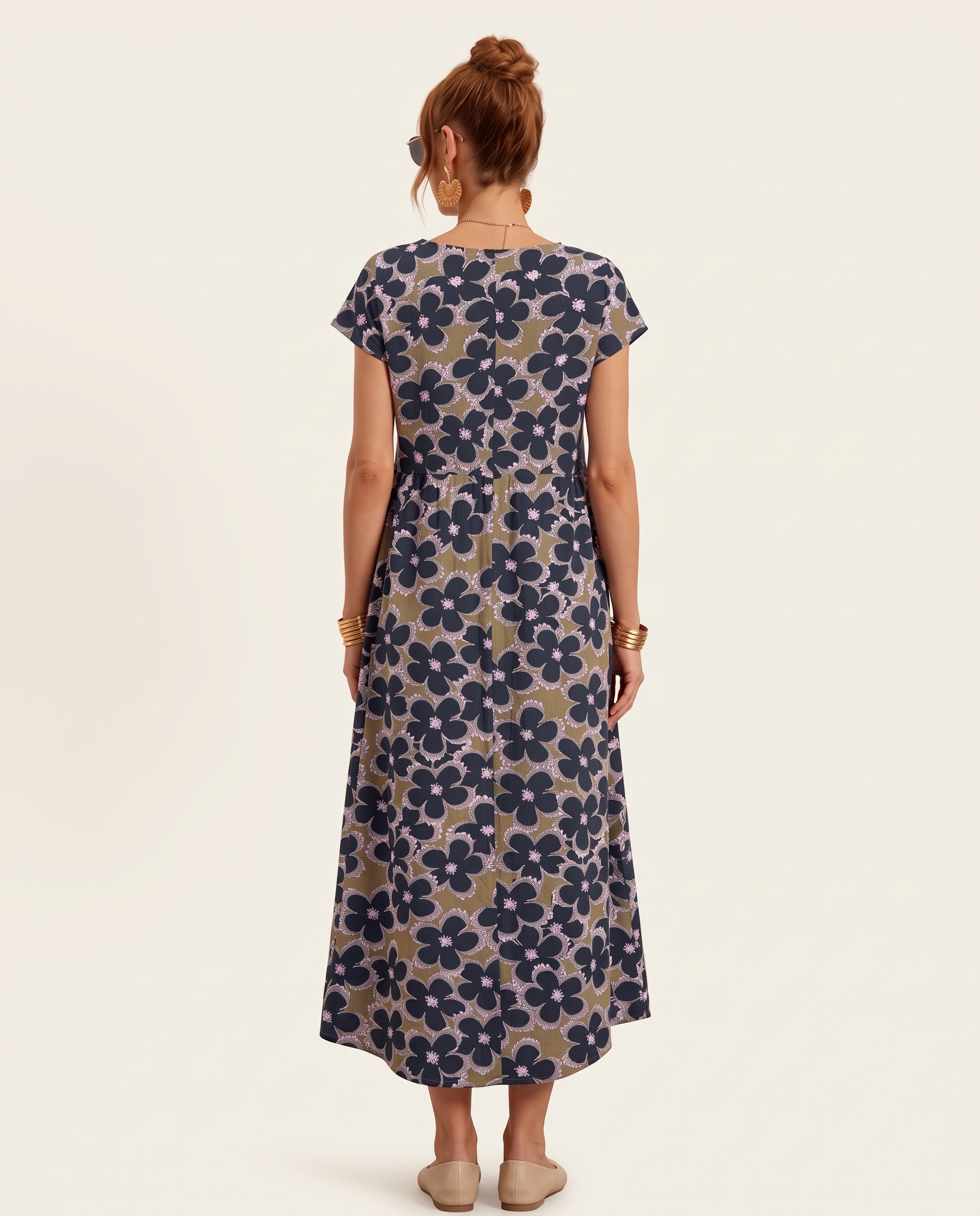 Printed Short Sleeve Midi Dress in Blue, studio back view
