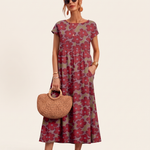 Printed Short Sleeve Midi Dress in Red, studio colour view