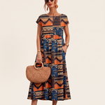 Printed Short Sleeve Midi Dress in Orange, studio colour view