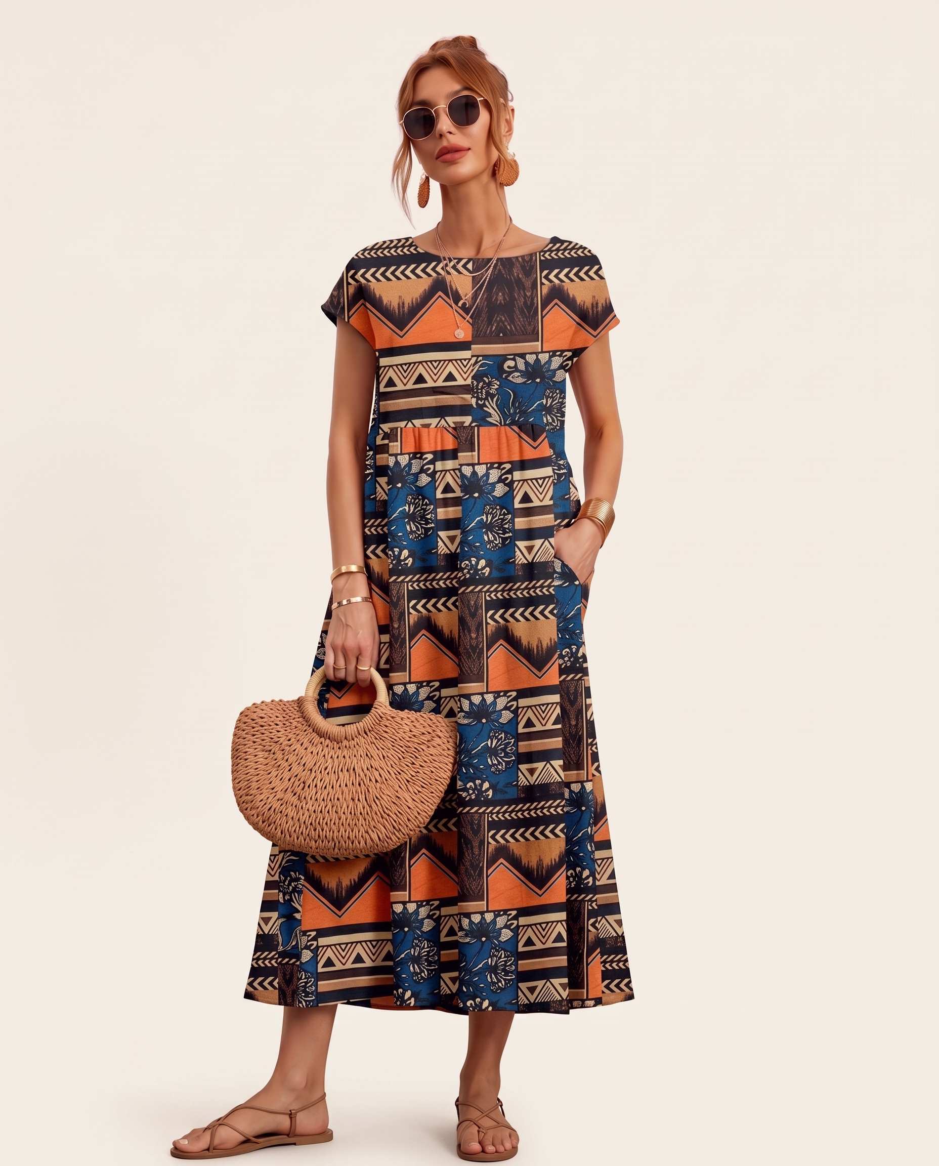 Printed Short Sleeve Midi Dress in Orange, studio colour view