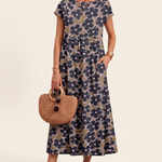 Printed Short Sleeve Midi Dress in Blue, studio detail view