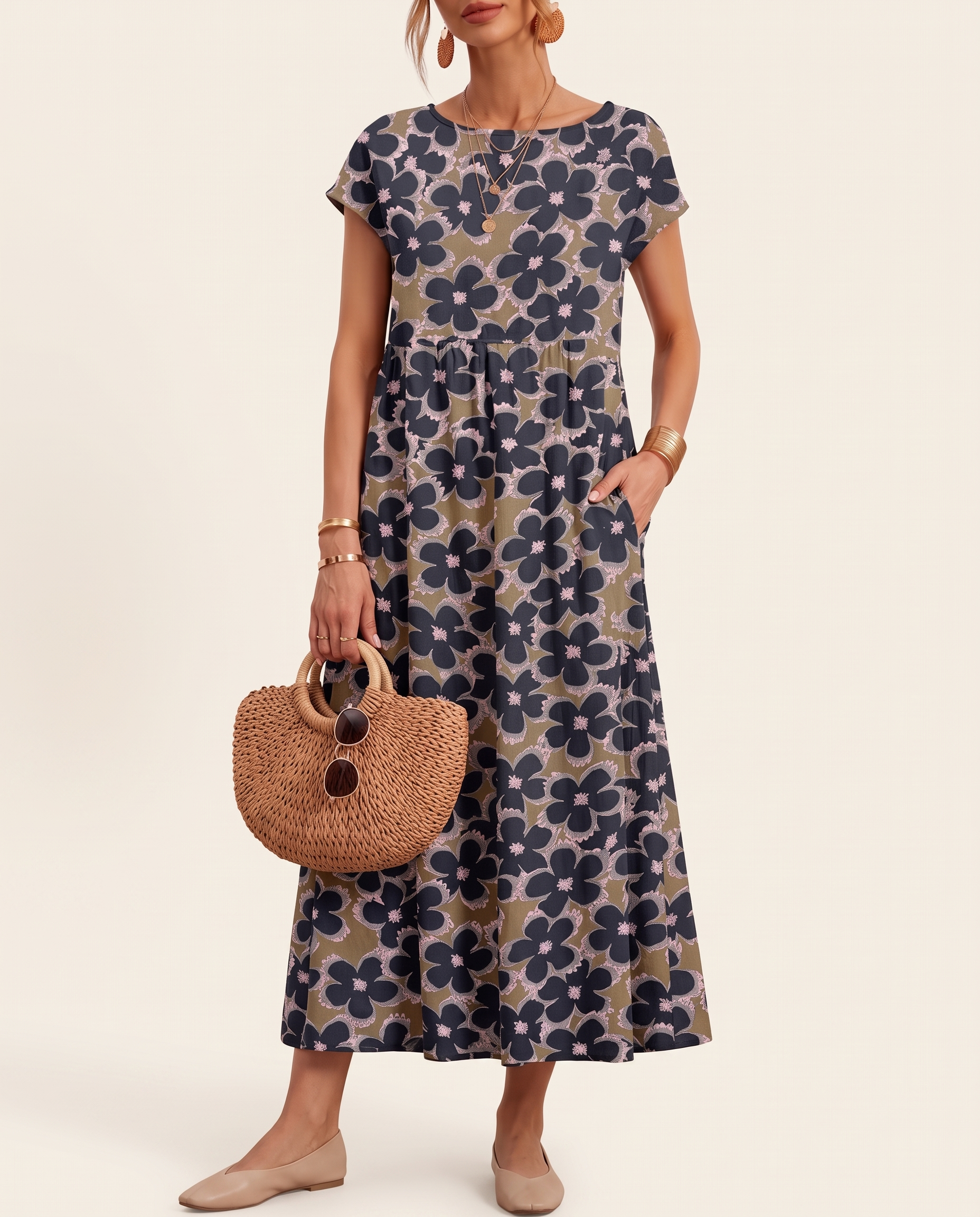 Printed Short Sleeve Midi Dress in Blue, studio detail view