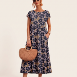 Printed Short Sleeve Midi Dress in Blue, studio front view