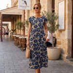 Printed Short Sleeve Midi Dress in Blue, lifestyle view