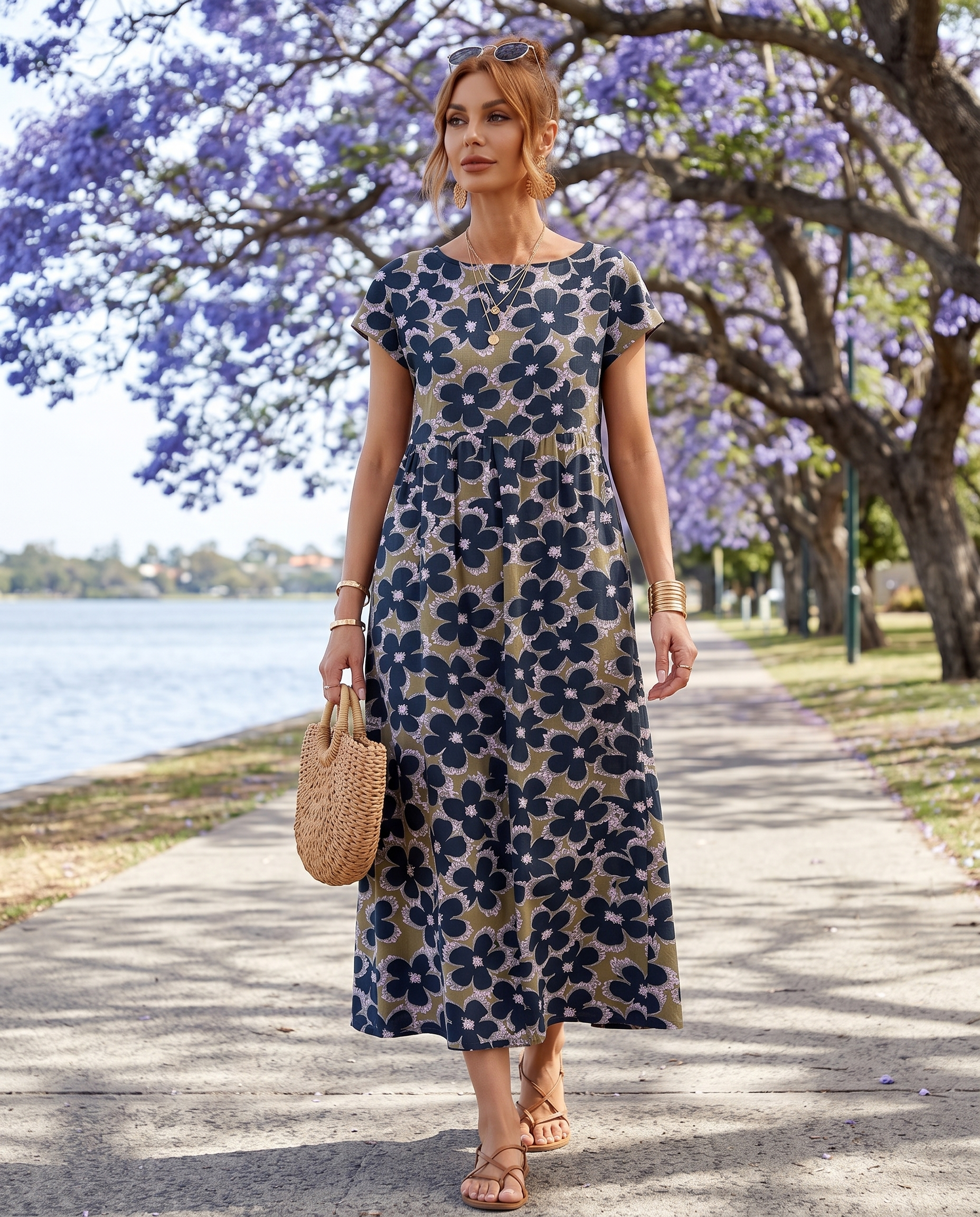 Printed Short Sleeve Midi Dress in Blue, lifestyle view