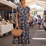 Printed Short Sleeve Midi Dress in Blue, lifestyle view