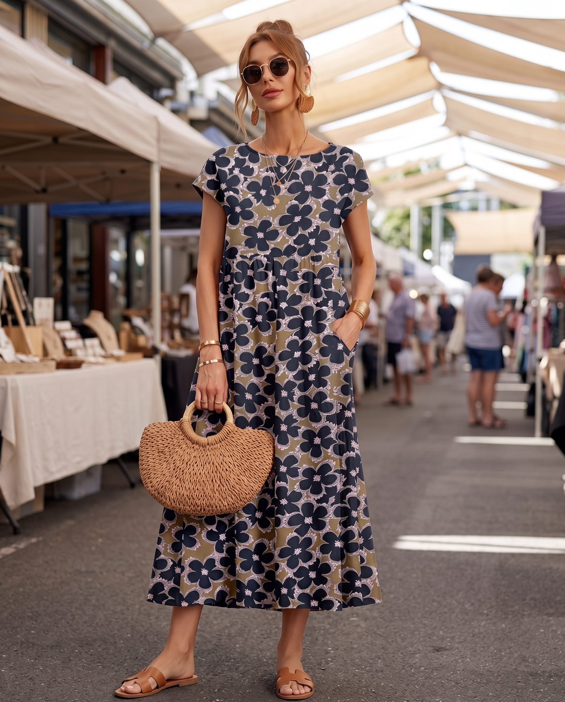 Printed Short Sleeve Midi Dress in Blue, lifestyle view