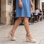 Espadrille Wedge Sandals with Ankle Strap in Beige, lifestyle view
