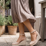 Espadrille Wedge Sandals with Ankle Strap in Beige, lifestyle view