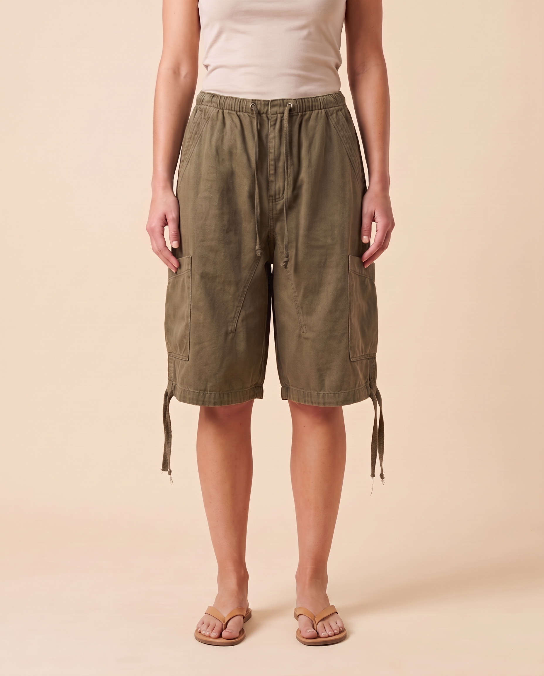 Baggy Cargo Denim Shorts with Drawstring Waist, product view
