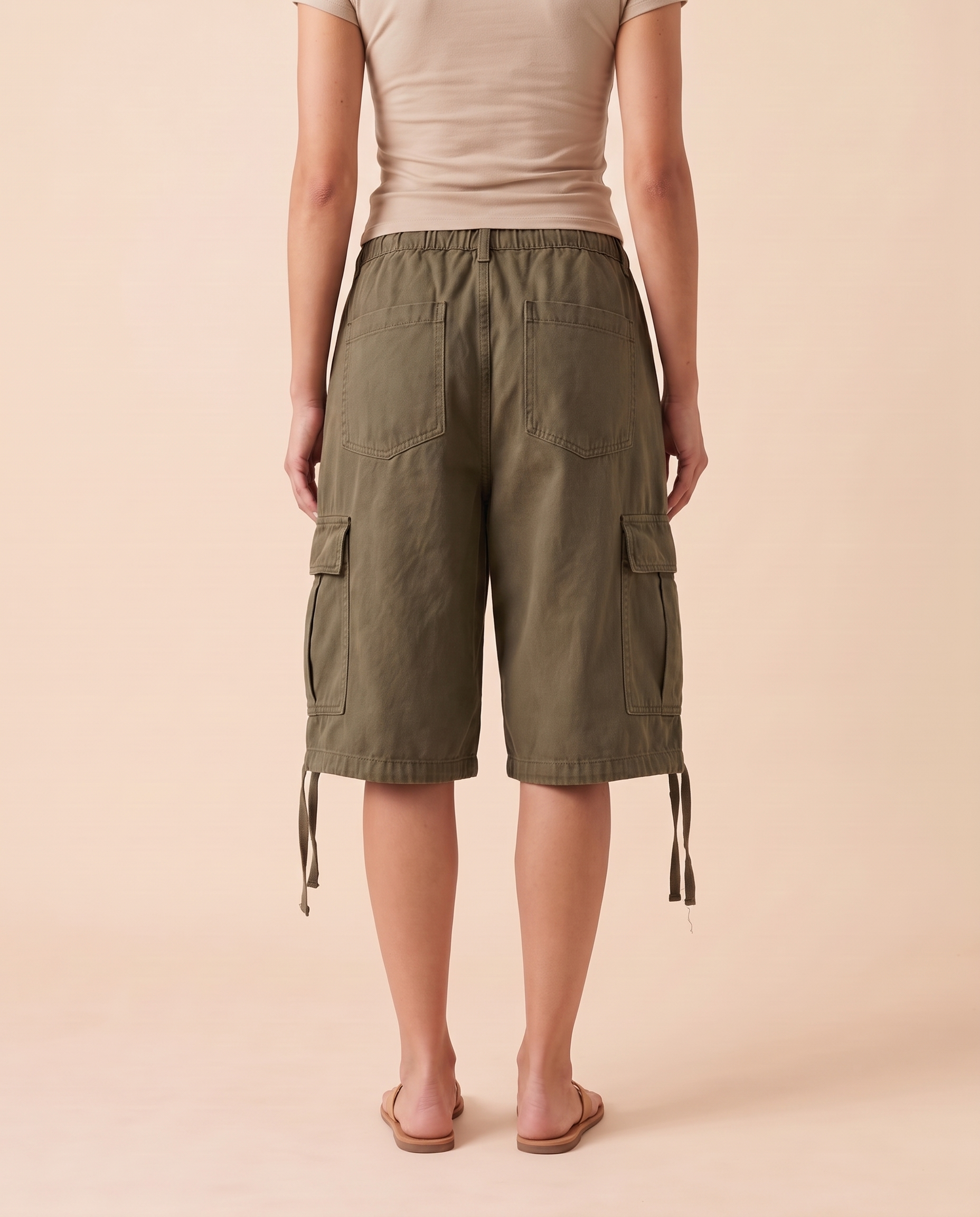 Baggy Cargo Denim Shorts with Drawstring Waist, product view