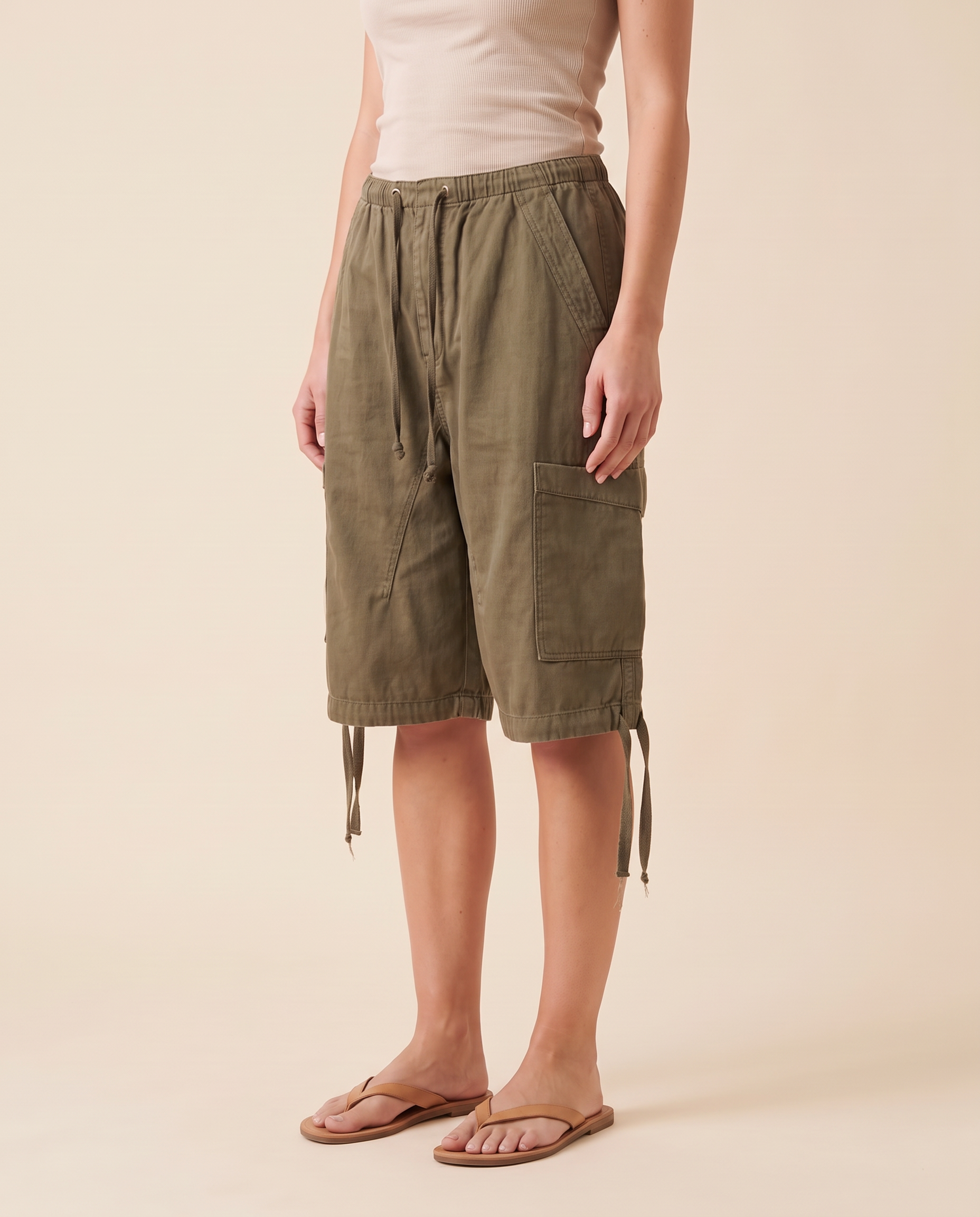Baggy Cargo Denim Shorts with Drawstring Waist, product view
