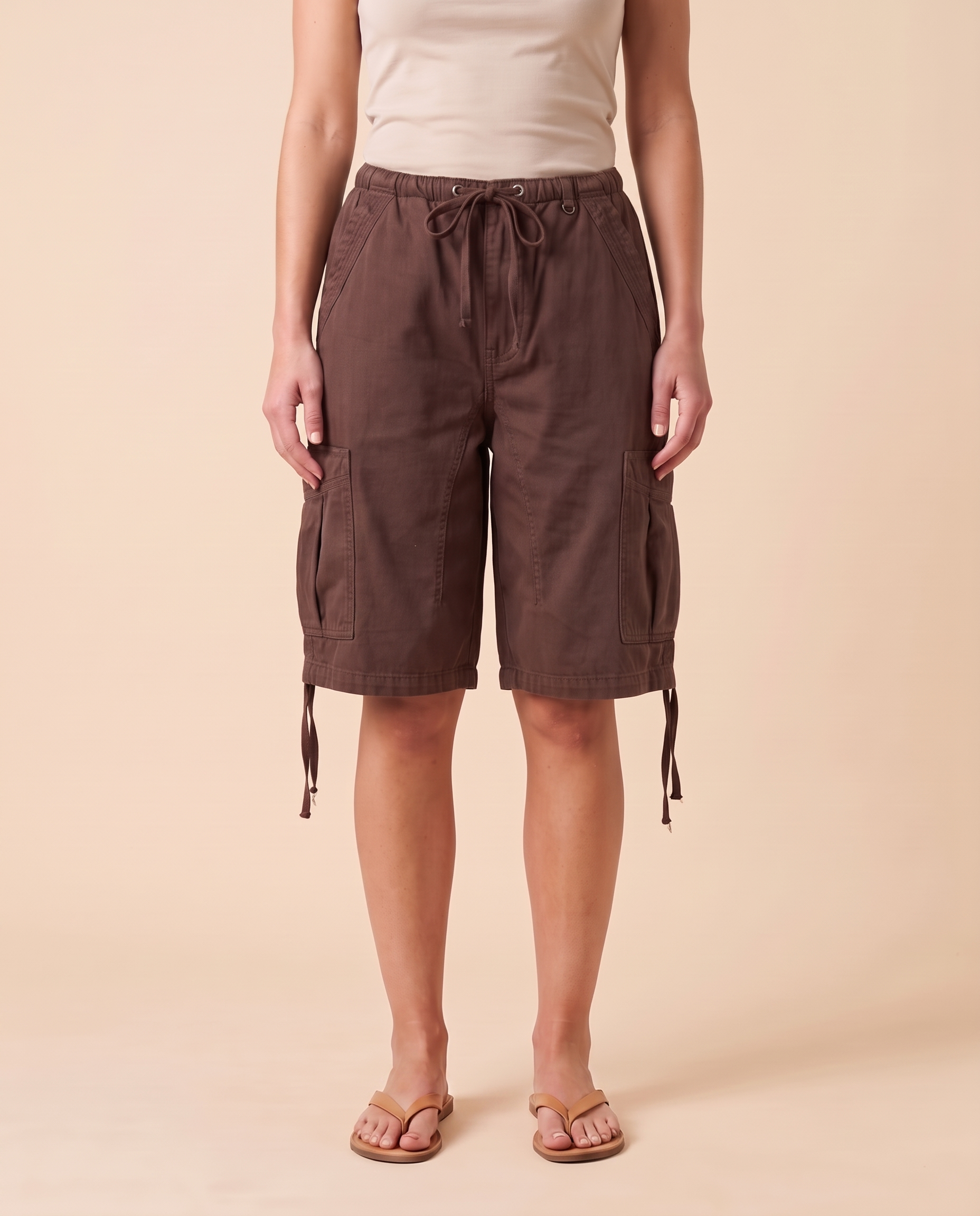 Baggy Cargo Denim Shorts with Drawstring Waist, product view