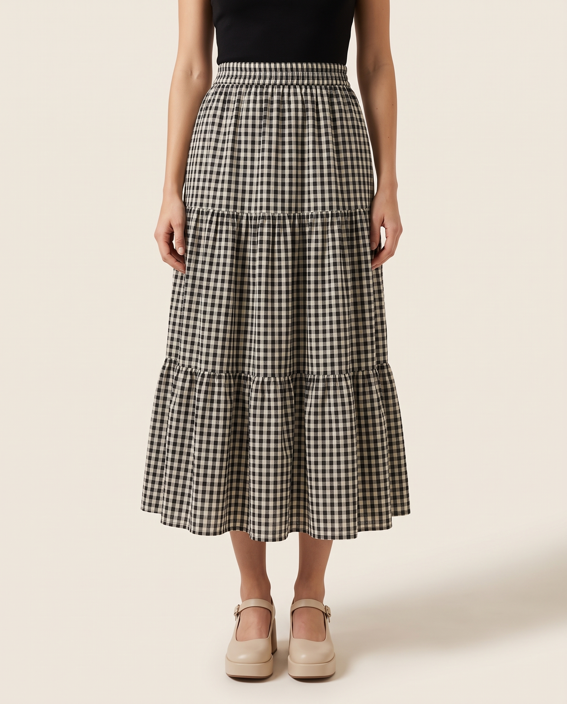 Checked Patchwork Tiered Midi Skirt – primary product view
