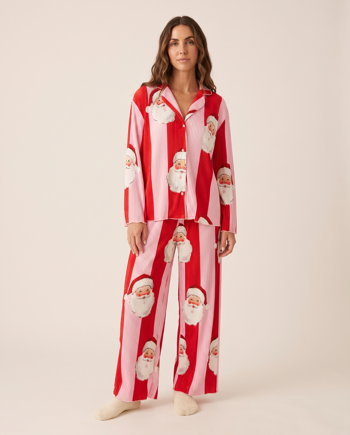 Women's Santa Stripe plissé Christmas pyjama set