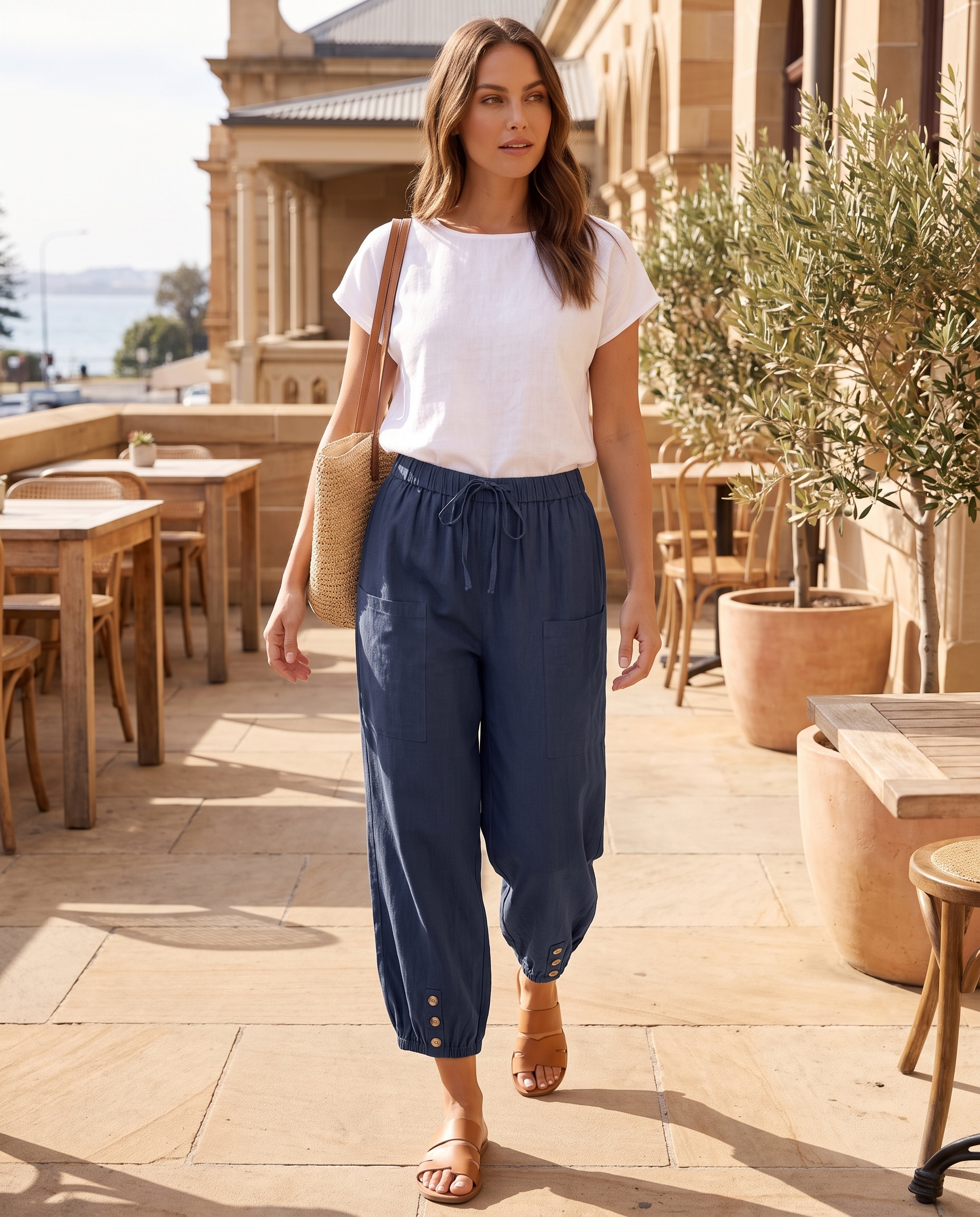 Cotton Linen Wide Leg Trousers with Elastic Waist – product detail view 1