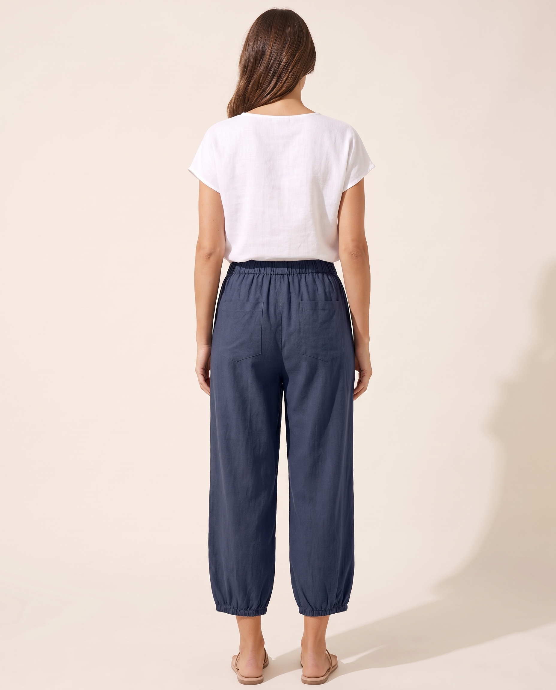 Cotton Linen Wide Leg Trousers with Elastic Waist – alternate product view