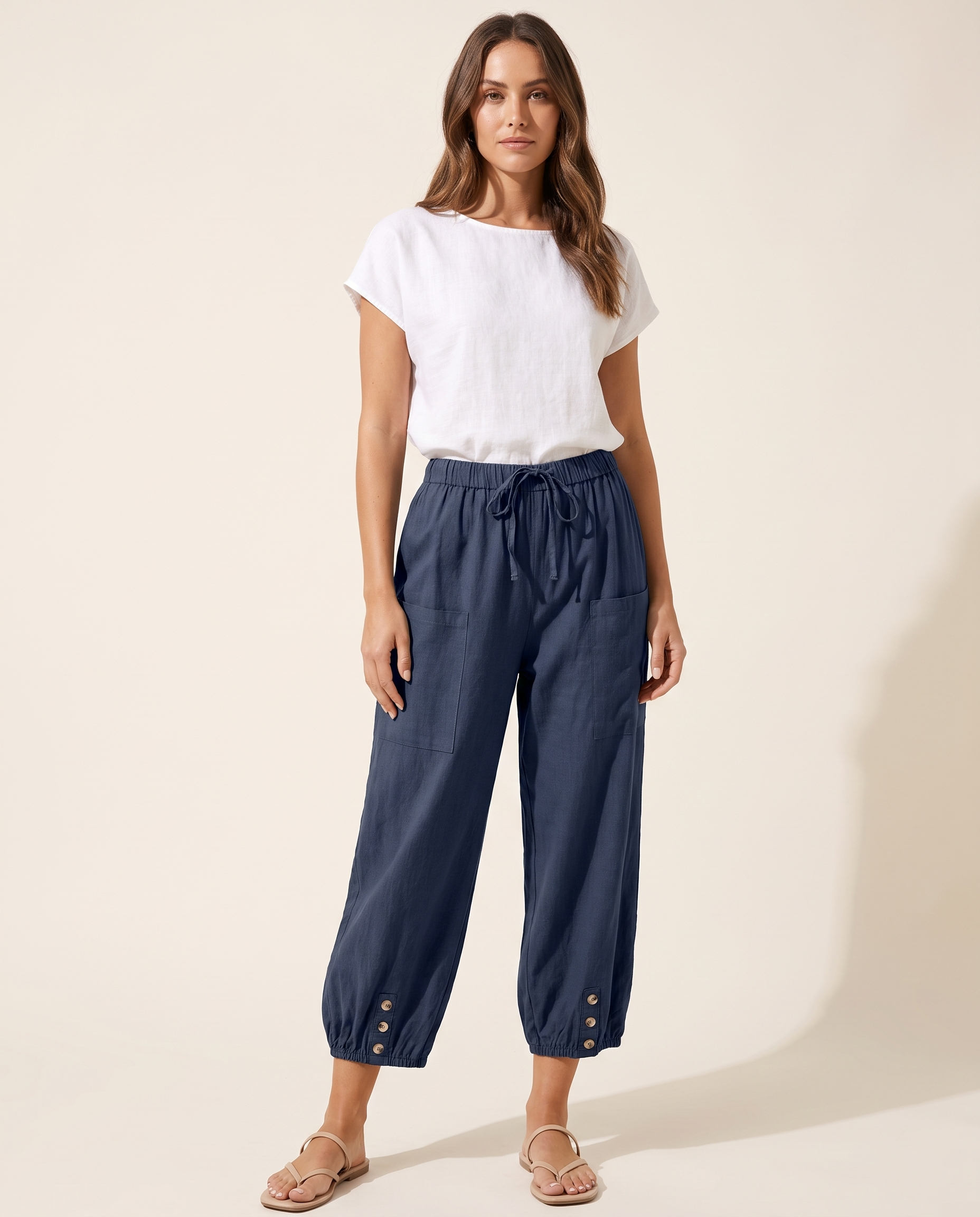 Cotton Linen Wide Leg Trousers with Elastic Waist – primary product view