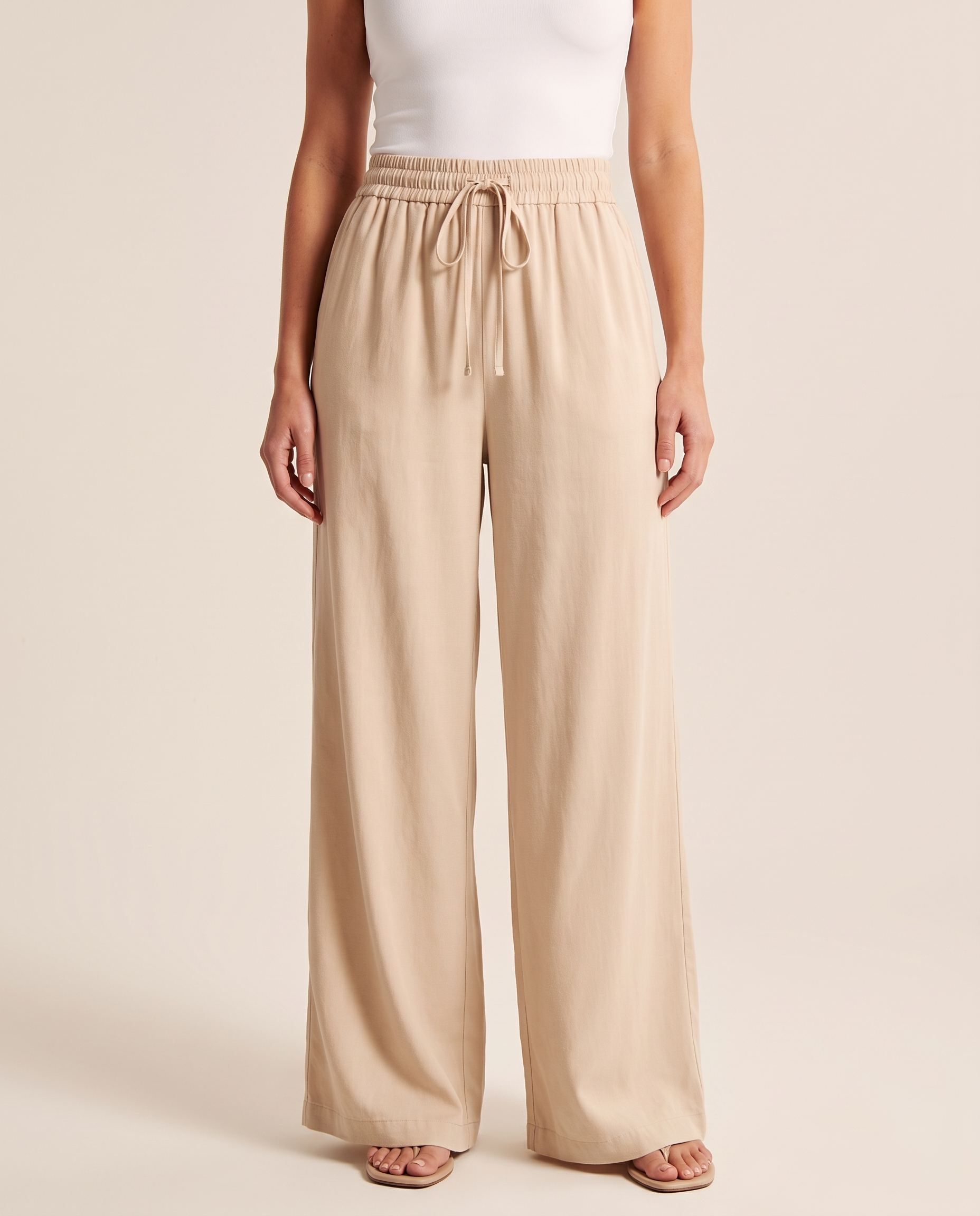 Drawstring Straight Leg Pants — Beige front view