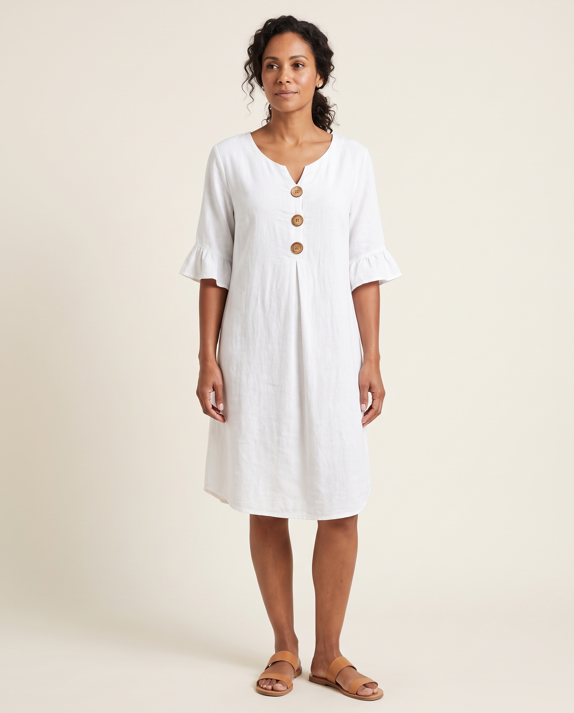 V Neck Button Front Dress with Ruffle Cuffs – primary product view