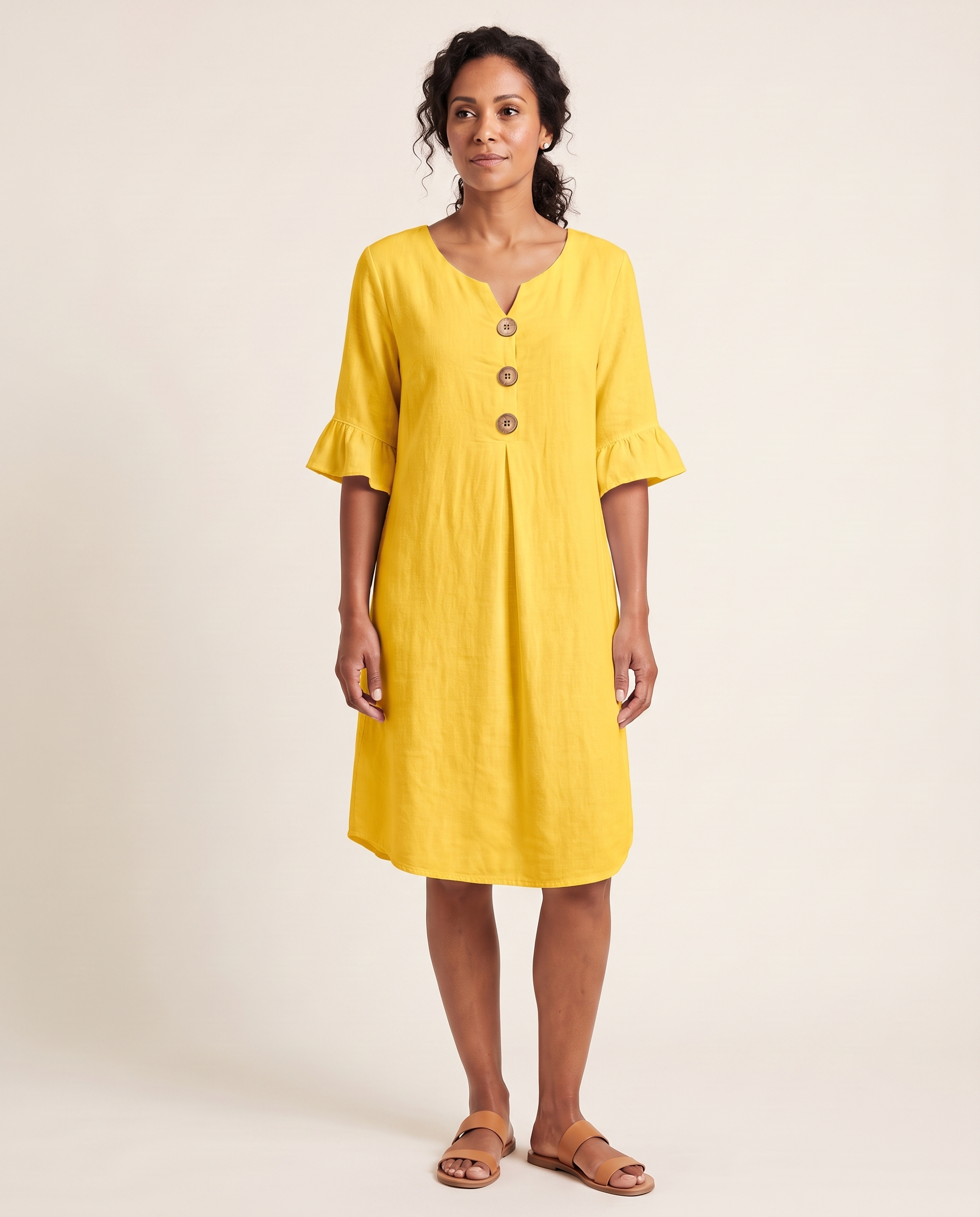 V Neck Button Front Dress with Ruffle Cuffs – product detail view 3