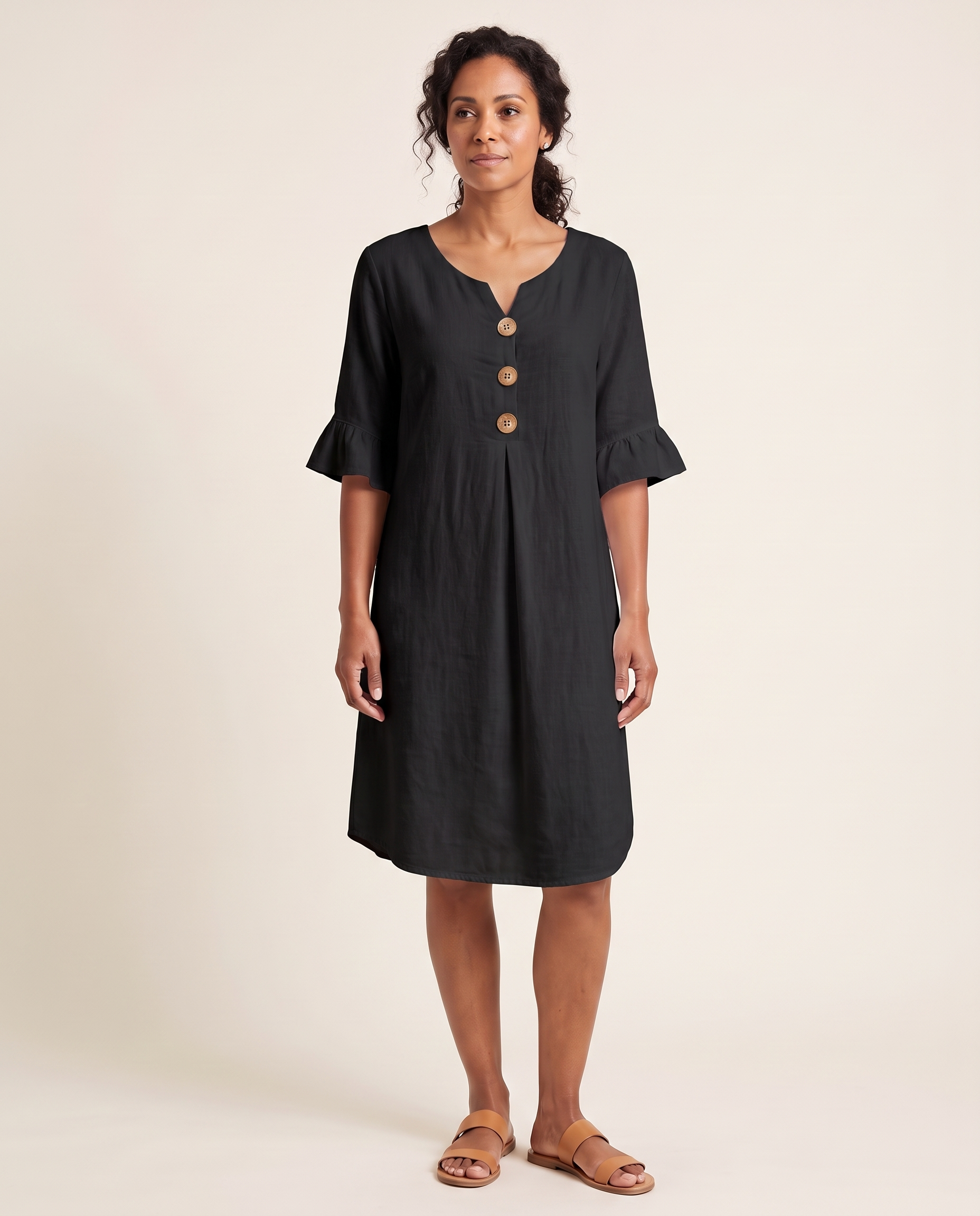 V Neck Button Front Dress with Ruffle Cuffs – product detail view 4
