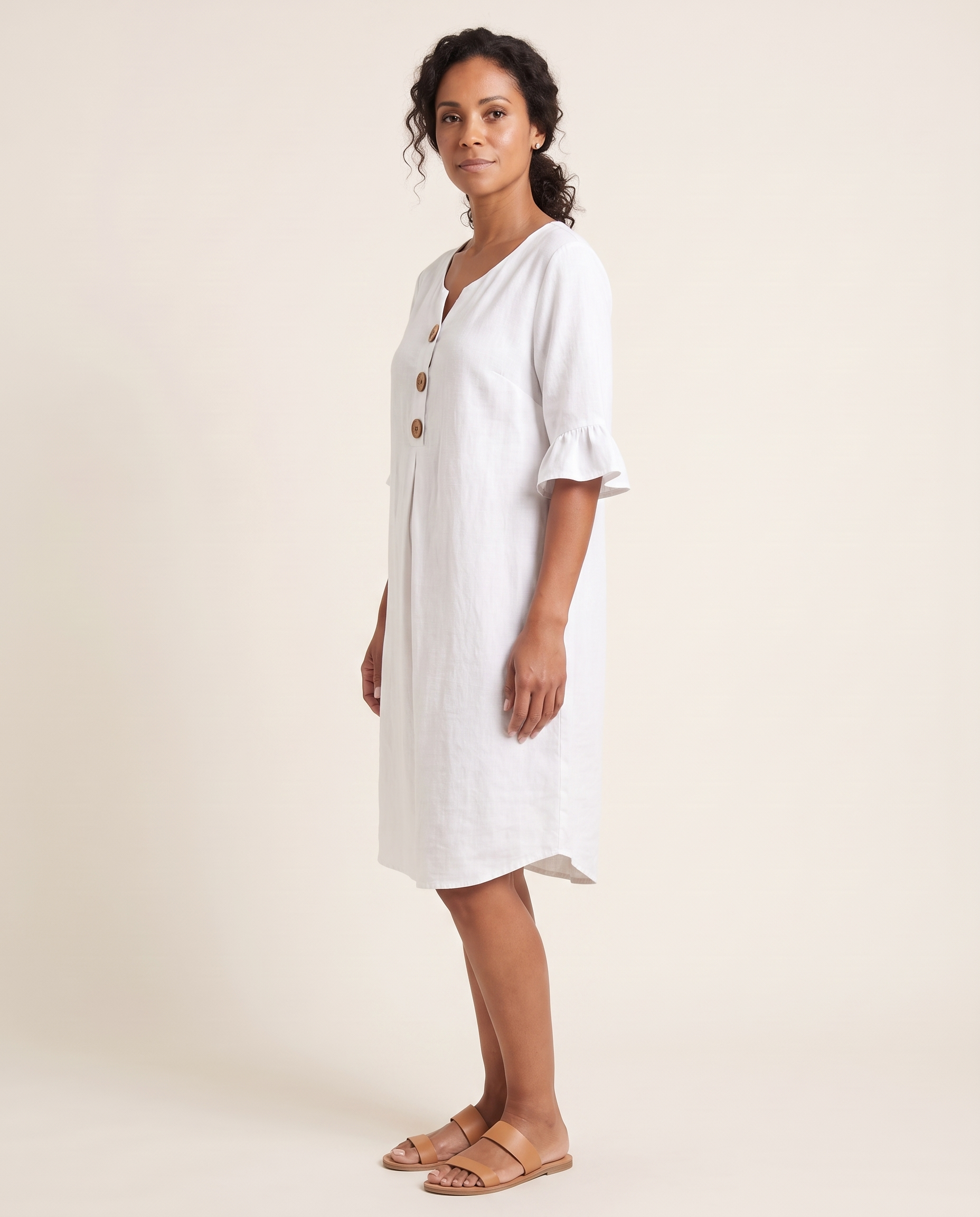 V Neck Button Front Dress with Ruffle Cuffs – alternate product view